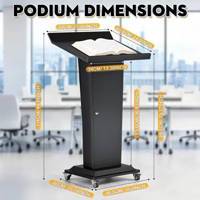 Alt view image 4 of 7 - Ultral 45.3IN Podium Lectern with Wheels, Iron Pulpit for Churches Stand with Lockable Double-Layer Storage, Modern Metal Pulpits Lectern for Classroom, Conference, Presentation,Wedding