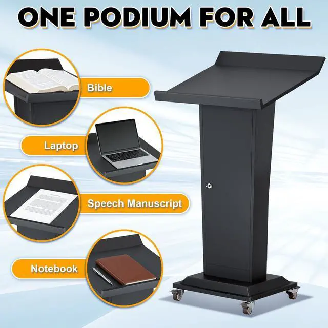 Alt view image 5 of 7 - Ultral 45.3IN Podium Lectern with Wheels, Iron Pulpit for Churches Stand with Lockable Double-Layer Storage, Modern Metal Pulpits Lectern for Classroom, Conference, Presentation,Wedding