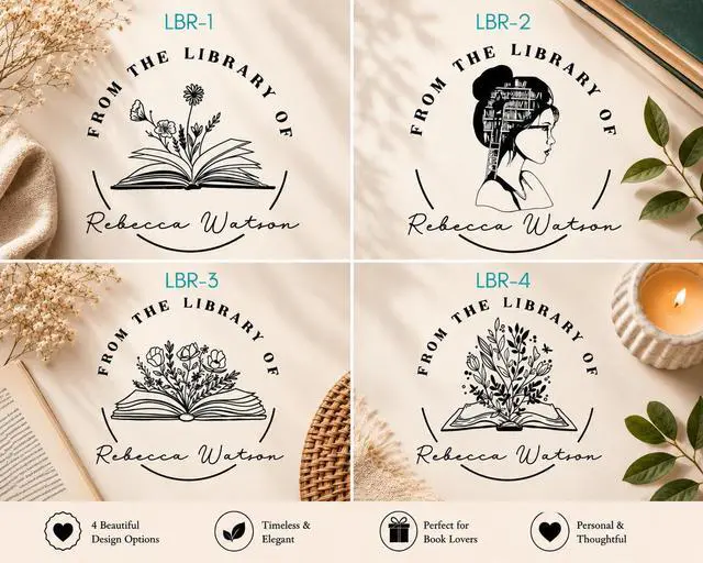 Alt view image 3 of 7 - Book Embosser Personalized from The Library of | Ex Libris | Floral Stamper | Custom Library Stamps | Monogram Self-Inking Wood Handle (Floral 3)