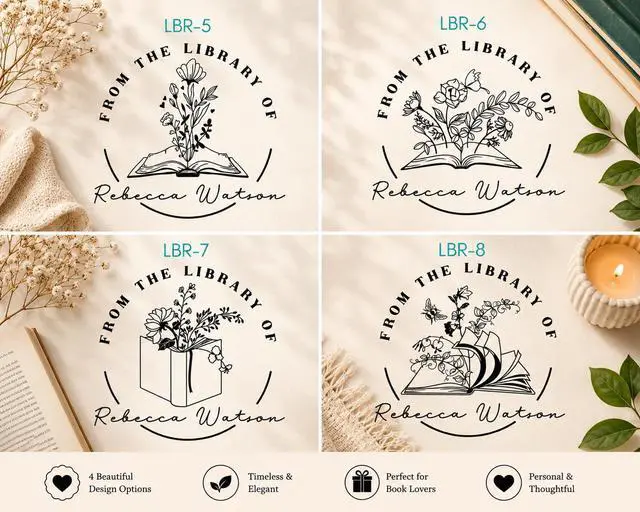 Alt view image 6 of 7 - Book Embosser Personalized from The Library of | Ex Libris | Floral Stamper | Custom Library Stamps | Monogram Self-Inking Wood Handle (Floral 3)