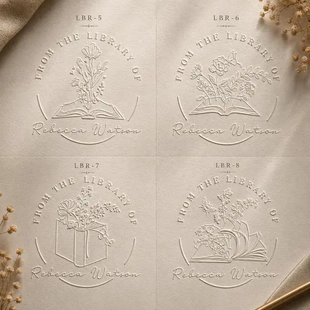 Alt view image 5 of 7 - Book Embosser Personalized from The Library of | Ex Libris | Floral Stamper | Custom Library Stamps | Monogram Self-Inking Wood Handle (Floral 3)