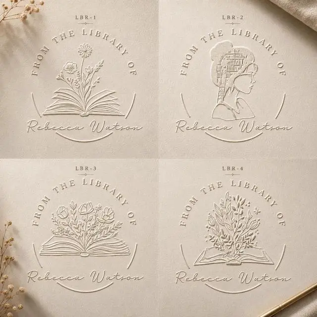 Alt view image 4 of 7 - Book Embosser Personalized from The Library of | Ex Libris | Floral Stamper | Custom Library Stamps | Monogram Self-Inking Wood Handle (Floral 3)