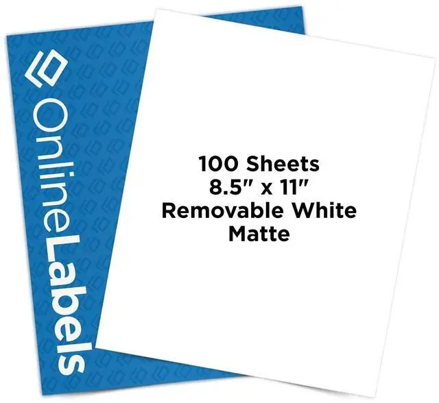 Main image of OnlineLabels 8.5" x 11" Removable Sticker Paper - White Matte - 100 | Removable Adhesive, Blank Full Sheet Labels, Inkjet & Laser Compatible, Works With Cricut, Silhouette, & More