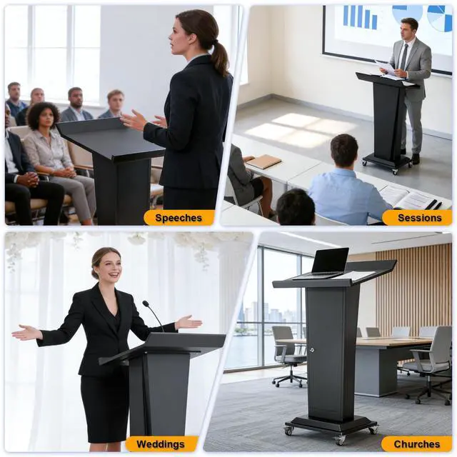 Alt view image 7 of 7 - Ultral 45.3IN Podium Lectern with Wheels, Iron Pulpit for Churches Stand with Lockable Double-Layer Storage, Modern Metal Pulpits Lectern for Classroom, Conference, Presentation,Wedding