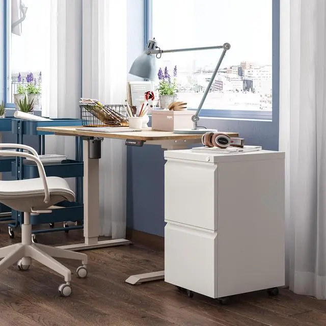 Alt view image 2 of 7 - 2 Drawer File Cabinet with Lock for Home Office, Fully Assembled | Under Desk Metal Filing Cabinet with Wheels, Fits Letter/Legal/A4 Size, White