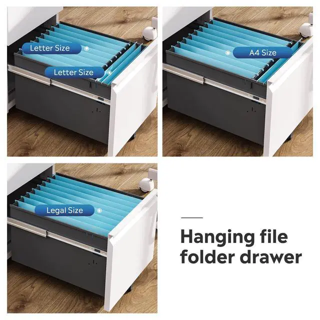 Alt view image 4 of 7 - 2 Drawer File Cabinet with Lock for Home Office, Fully Assembled | Under Desk Metal Filing Cabinet with Wheels, Fits Letter/Legal/A4 Size, White