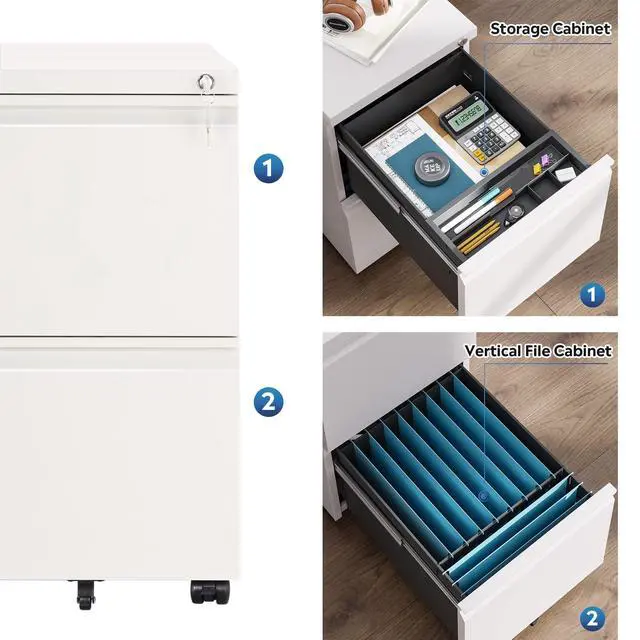 Alt view image 5 of 7 - 2 Drawer File Cabinet with Lock for Home Office, Fully Assembled | Under Desk Metal Filing Cabinet with Wheels, Fits Letter/Legal/A4 Size, White