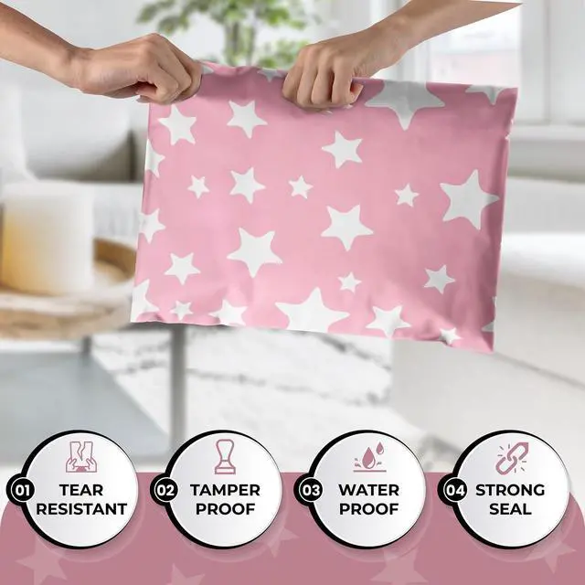 Alt view image 2 of 6 - 10 x 13 Glossy Light Pink and White Stars Decorative Plastic Poly Mailer Bags Waterproof Shipping Mailing Envelope 2 Mil Permanent Adhesive Seal (300 Pack, L. Pink)