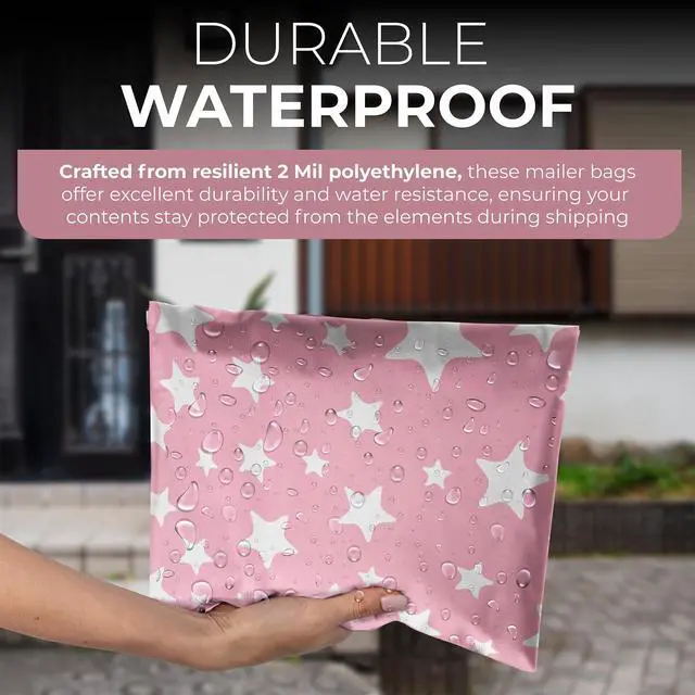 Alt view image 3 of 6 - 10 x 13 Glossy Light Pink and White Stars Decorative Plastic Poly Mailer Bags Waterproof Shipping Mailing Envelope 2 Mil Permanent Adhesive Seal (300 Pack, L. Pink)
