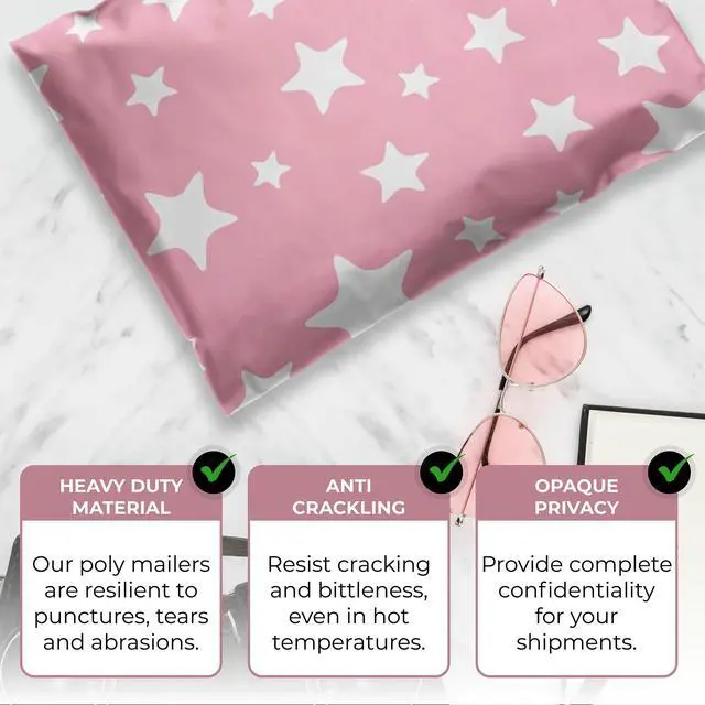 Alt view image 4 of 6 - 10 x 13 Glossy Light Pink and White Stars Decorative Plastic Poly Mailer Bags Waterproof Shipping Mailing Envelope 2 Mil Permanent Adhesive Seal (300 Pack, L. Pink)