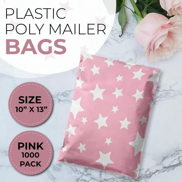 Alt view image 6 of 6 - 10 x 13 Glossy Light Pink and White Stars Decorative Plastic Poly Mailer Bags Waterproof Shipping Mailing Envelope 2 Mil Permanent Adhesive Seal (300 Pack, L. Pink)