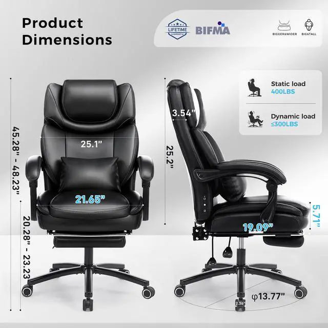 Alt view image 3 of 7 - 500lbs 3D Kneading Massage Office Chair with FootRest, Big and Tall Ergonomic Reclining Computer Gaming Chair, Padded Linkage Armrests, Heavy Duty Metal Base Executive Office Chair