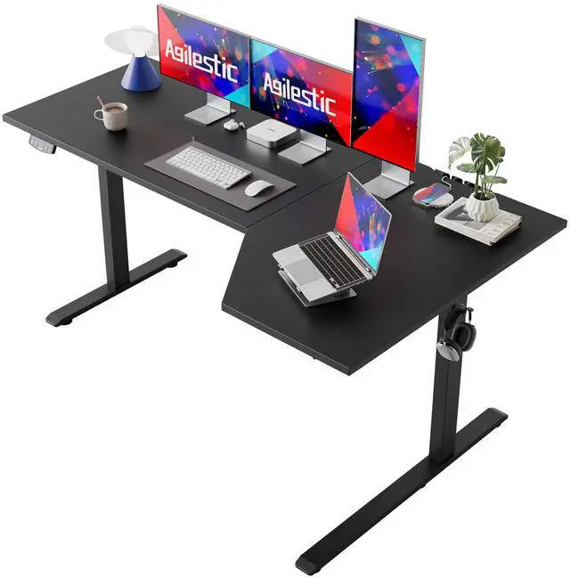 Main image of 63 x 35 Inch Corner L Shaped Electric Standing Desk, Black | Electric Height Adjustable, L-shape Workspace, Sturdy Steel Frame, Memory Preset, Hooks, 154 lbs, Easy Assembly, Splice Board