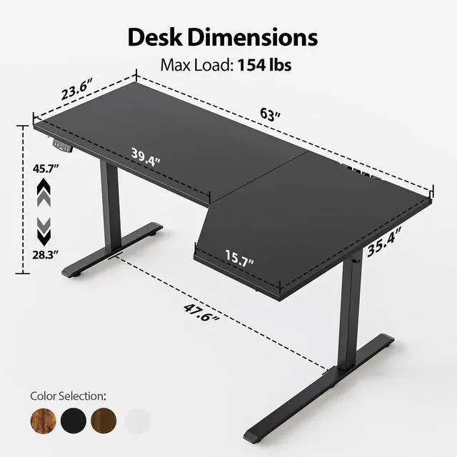 Alt view image 2 of 7 - 63 x 35 Inch Corner L Shaped Electric Standing Desk, Black | Electric Height Adjustable, L-shape Workspace, Sturdy Steel Frame, Memory Preset, Hooks, 154 lbs, Easy Assembly, Splice Board
