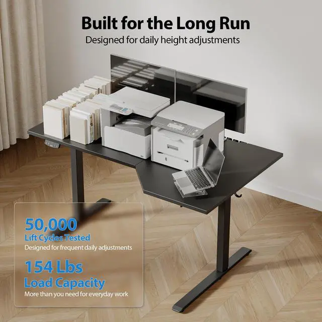 Alt view image 6 of 7 - 63 x 35 Inch Corner L Shaped Electric Standing Desk, Black | Electric Height Adjustable, L-shape Workspace, Sturdy Steel Frame, Memory Preset, Hooks, 154 lbs, Easy Assembly, Splice Board