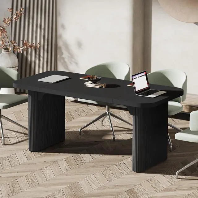 Alt view image 6 of 7 - 5 ft Conference Table, Modern Rectangular Meeting Seminar Table with Double Pedestal, 62-Inch Large Boardroom Table for Office (Black)