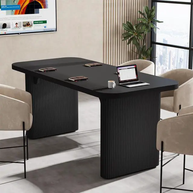 Alt view image 4 of 7 - 5 ft Conference Table, Modern Rectangular Meeting Seminar Table with Double Pedestal, 62-Inch Large Boardroom Table for Office (Black)