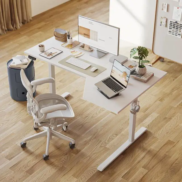 Alt view image 2 of 7 - 63 x 35 Inch Corner L Shaped Electric Standing Desk, White | Electric Height Adjustable, L-shape Workspace, Sturdy Steel Frame, Memory Preset, Hooks, 154 lbs, Easy Assembly, Splice Board