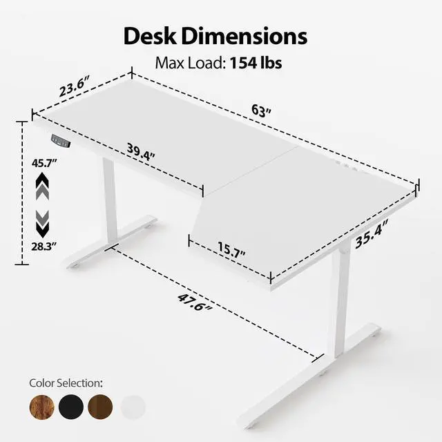 Alt view image 3 of 7 - 63 x 35 Inch Corner L Shaped Electric Standing Desk, White | Electric Height Adjustable, L-shape Workspace, Sturdy Steel Frame, Memory Preset, Hooks, 154 lbs, Easy Assembly, Splice Board