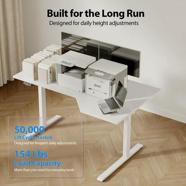 Alt view image 7 of 7 - 63 x 35 Inch Corner L Shaped Electric Standing Desk, White | Electric Height Adjustable, L-shape Workspace, Sturdy Steel Frame, Memory Preset, Hooks, 154 lbs, Easy Assembly, Splice Board