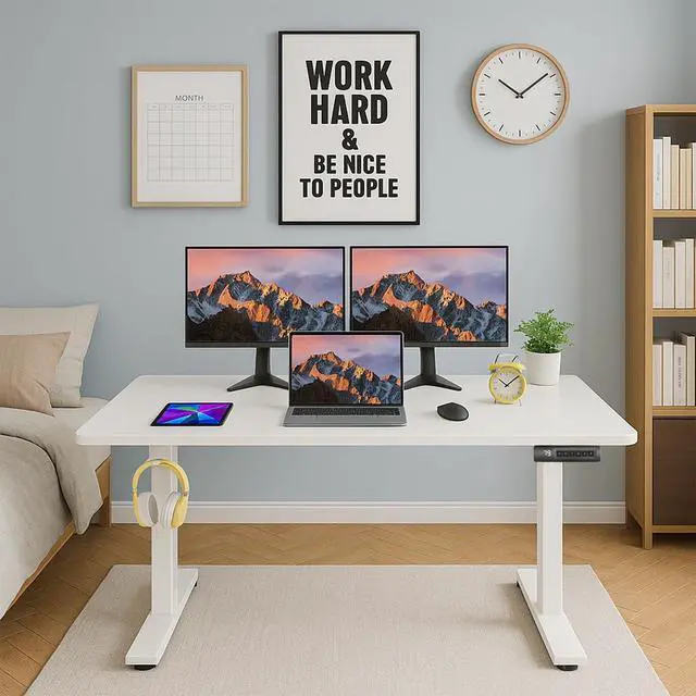 Alt view image 4 of 7 - Standing Desk Adjustable Height, 48'' X 24'' Ergonomic Home Office Computer Workstations with Wheels and Hooks, 27''-45'' Lifting Range Stand Up Desk(White)