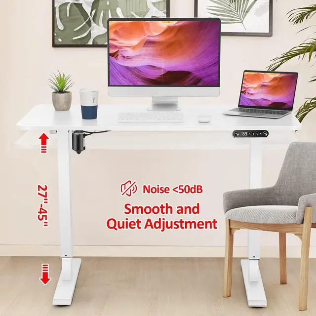 Alt view image 6 of 7 - Standing Desk Adjustable Height, 48'' X 24'' Ergonomic Home Office Computer Workstations with Wheels and Hooks, 27''-45'' Lifting Range Stand Up Desk(White)