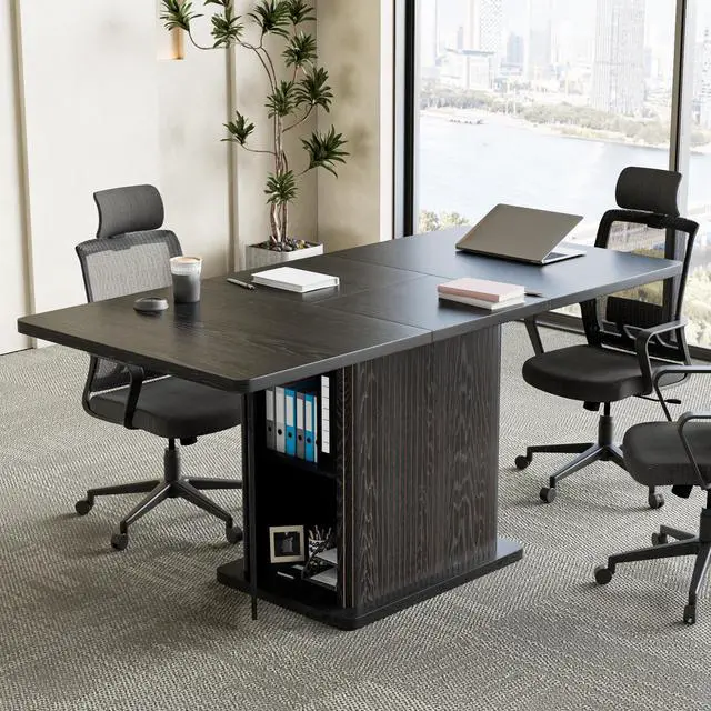 Main image of Extendable Black Conference Table for 4-6 People, 47-65Inch | Modern Rectangle Meeting Room Table with Fluted Doors, Wood Storage, Small Compact, Square, Office, Training, Conference Room