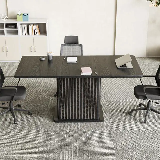 Alt view image 3 of 7 - Extendable Black Conference Table for 4-6 People, 47-65Inch | Modern Rectangle Meeting Room Table with Fluted Doors, Wood Storage, Small Compact, Square, Office, Training, Conference Room