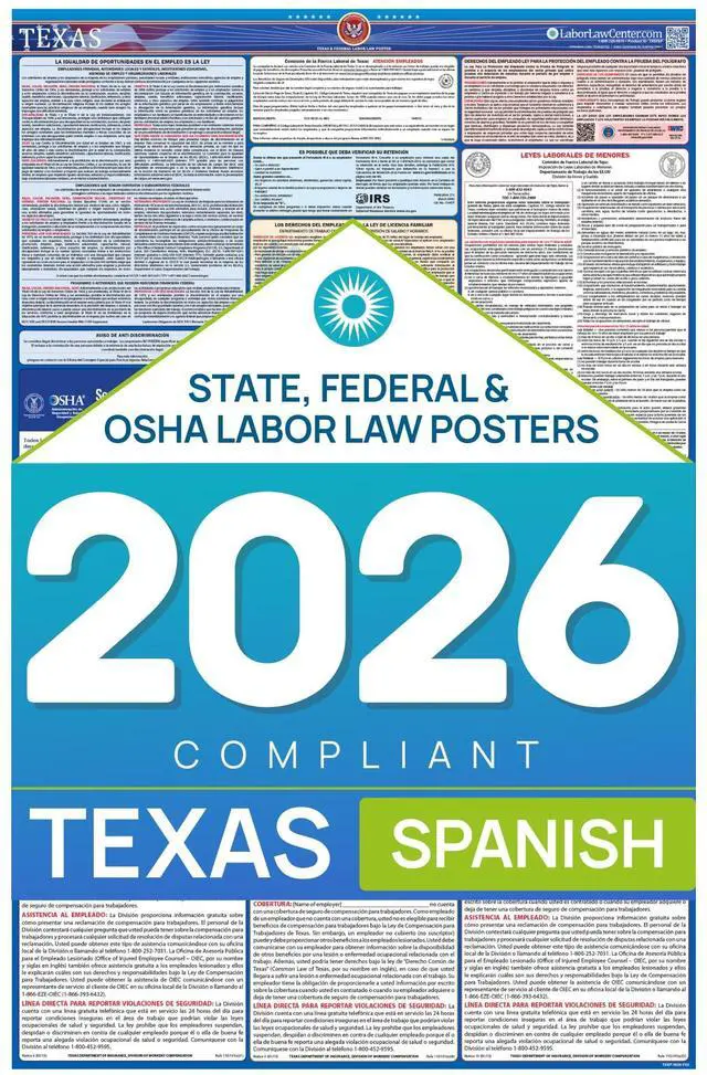Main image of Labor Law Poster Texas 2026, Spanish, State, Federal Notices 26 x 39.5 | Texas State Federal Workplace Notices With OSHA, EEOC, FMLA, Minimum Wage, HR Office Worksite Employee Posting Details