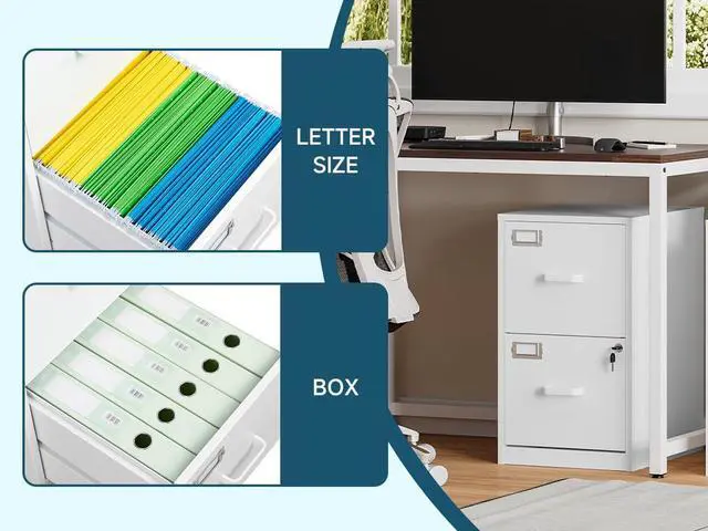 Alt view image 4 of 7 - 2 Drawer Filing Cabinet with Lock, Metal Vertical File Cabinets for Home Office, Lockable File Storage Cabinets Under Desk, Letter/A4 File Folders StorageWhite-Assembly Required