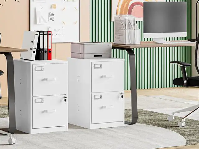 Alt view image 2 of 7 - 2 Drawer Filing Cabinet with Lock, Metal Vertical File Cabinets for Home Office, Lockable File Storage Cabinets Under Desk, Letter/A4 File Folders StorageWhite-Assembly Required