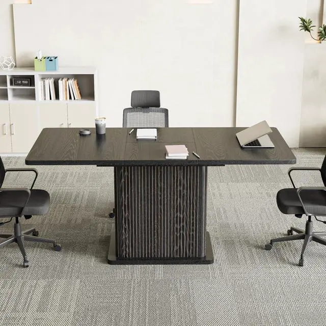 Alt view image 4 of 7 - Extendable Black Conference Table for 4-6 People, 47-65Inch | Modern Rectangle Meeting Room Table with Fluted Doors, Wood Storage, Small Compact, Square, Office, Training, Conference Room