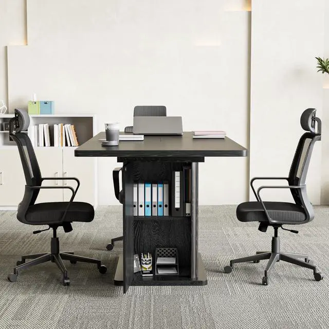 Alt view image 5 of 7 - Extendable Black Conference Table for 4-6 People, 47-65Inch | Modern Rectangle Meeting Room Table with Fluted Doors, Wood Storage, Small Compact, Square, Office, Training, Conference Room
