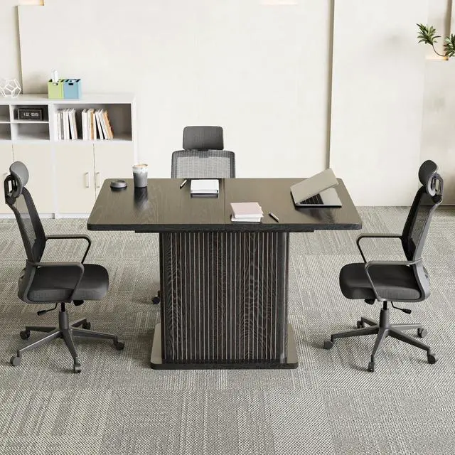 Alt view image 6 of 7 - Extendable Black Conference Table for 4-6 People, 47-65Inch | Modern Rectangle Meeting Room Table with Fluted Doors, Wood Storage, Small Compact, Square, Office, Training, Conference Room