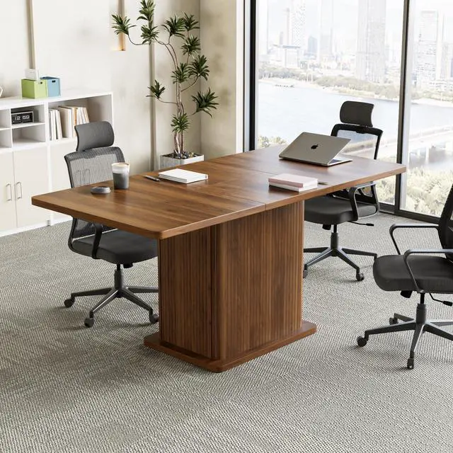 Alt view image 4 of 7 - Extendable Conference Table for 4-6 People, 47-65Inch, Walnut | Modern Rectangle Meeting Room Table with Fluted Doors, Wood Storage, Small Compact, Square, Office, Training, Conference Room
