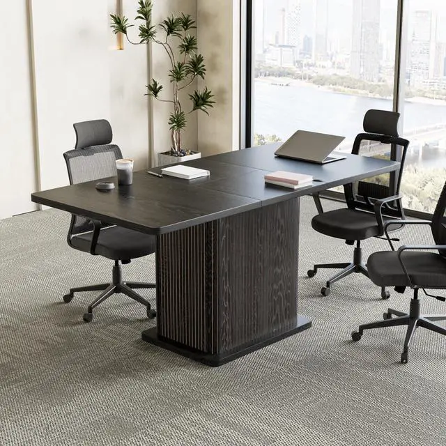 Alt view image 7 of 7 - Extendable Black Conference Table for 4-6 People, 47-65Inch | Modern Rectangle Meeting Room Table with Fluted Doors, Wood Storage, Small Compact, Square, Office, Training, Conference Room
