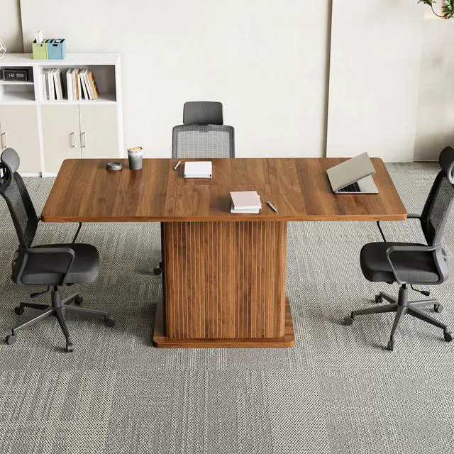 Alt view image 3 of 7 - Extendable Conference Table for 4-6 People, 47-65Inch, Walnut | Modern Rectangle Meeting Room Table with Fluted Doors, Wood Storage, Small Compact, Square, Office, Training, Conference Room
