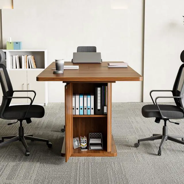 Alt view image 5 of 7 - Extendable Conference Table for 4-6 People, 47-65Inch, Walnut | Modern Rectangle Meeting Room Table with Fluted Doors, Wood Storage, Small Compact, Square, Office, Training, Conference Room
