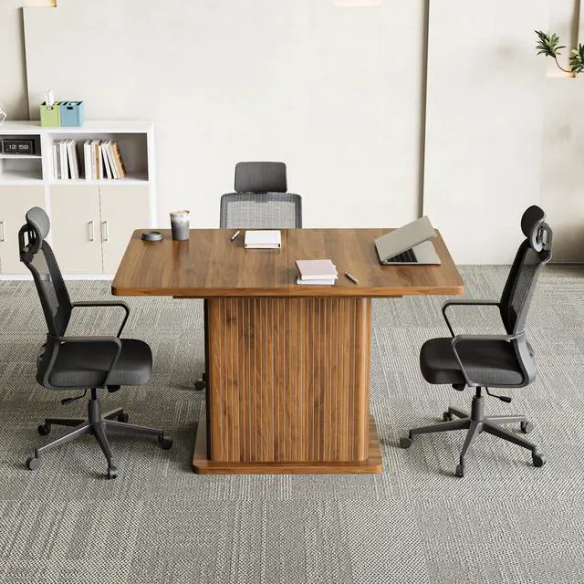 Alt view image 6 of 7 - Extendable Conference Table for 4-6 People, 47-65Inch, Walnut | Modern Rectangle Meeting Room Table with Fluted Doors, Wood Storage, Small Compact, Square, Office, Training, Conference Room