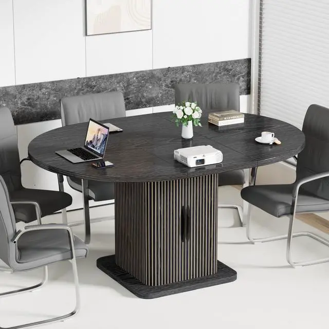 Main image of Extendable Black Round Conference Table for 4-8 People, 43-59Inch | Modern Oval Meeting Room Table with Storage, Fluted Wood Slide Doors, Small Compact, Office, Training, Conference Room