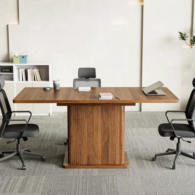 Alt view image 7 of 7 - Extendable Conference Table for 4-6 People, 47-65Inch, Walnut | Modern Rectangle Meeting Room Table with Fluted Doors, Wood Storage, Small Compact, Square, Office, Training, Conference Room