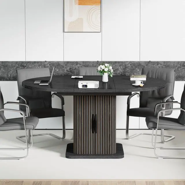 Alt view image 3 of 7 - Extendable Black Round Conference Table for 4-8 People, 43-59Inch | Modern Oval Meeting Room Table with Storage, Fluted Wood Slide Doors, Small Compact, Office, Training, Conference Room