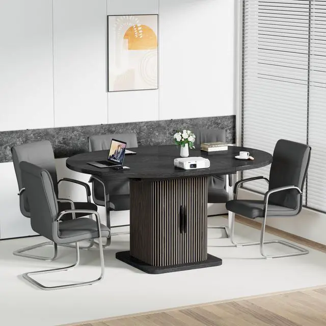 Alt view image 5 of 7 - Extendable Black Round Conference Table for 4-8 People, 43-59Inch | Modern Oval Meeting Room Table with Storage, Fluted Wood Slide Doors, Small Compact, Office, Training, Conference Room