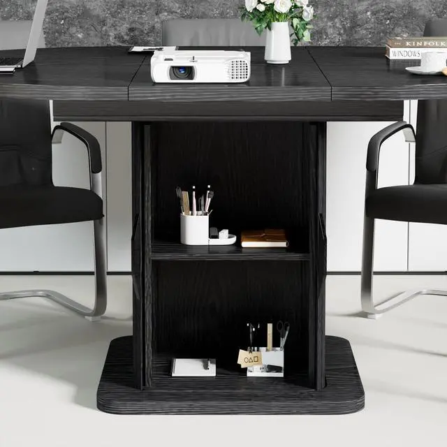 Alt view image 7 of 7 - Extendable Black Round Conference Table for 4-8 People, 43-59Inch | Modern Oval Meeting Room Table with Storage, Fluted Wood Slide Doors, Small Compact, Office, Training, Conference Room