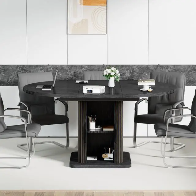 Alt view image 6 of 7 - Extendable Black Round Conference Table for 4-8 People, 43-59Inch | Modern Oval Meeting Room Table with Storage, Fluted Wood Slide Doors, Small Compact, Office, Training, Conference Room