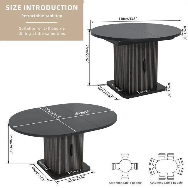 Alt view image 2 of 7 - Extendable Black Round Conference Table for 4-8 People, 43-59Inch | Modern Oval Meeting Room Table with Storage, Fluted Wood Slide Doors, Small Compact, Office, Training, Conference Room
