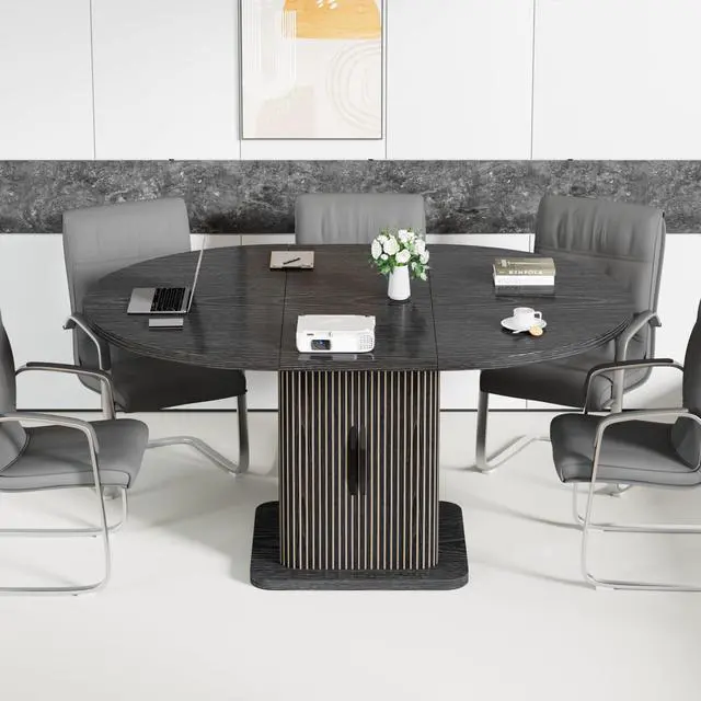 Alt view image 4 of 7 - Extendable Black Round Conference Table for 4-8 People, 43-59Inch | Modern Oval Meeting Room Table with Storage, Fluted Wood Slide Doors, Small Compact, Office, Training, Conference Room