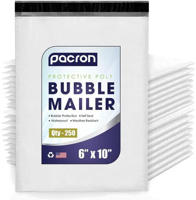Main image of Waterproof Self-Seal Padded Poly Bubble Mailers 6x10, 250-Pack | Ideal for jewelry, cosmetics, SD cards, USB cables & accessories. Tear-resistant, lightweight, cushioned interior