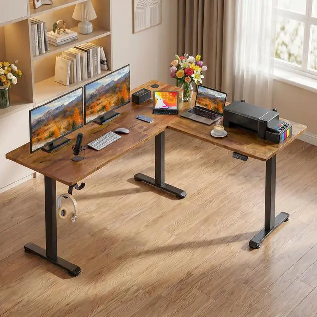 Alt view image 6 of 7 - 63x55 L Standing Adjustable Desk with 39x18 Mouse Pad, Brown | Corner Electric Stand Up Desk Adjustable Height with Hooks, Home Office Writing Gaming Studying Big Computer Workstation