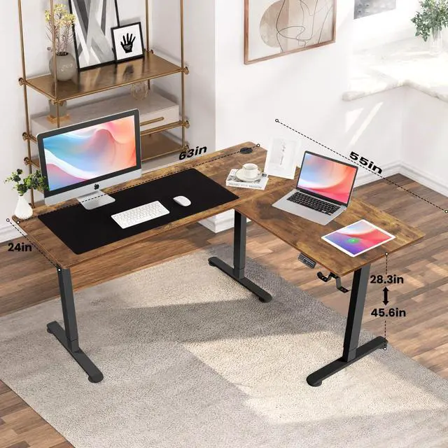 Alt view image 3 of 7 - 63x55 L Standing Adjustable Desk with 39x18 Mouse Pad, Brown | Corner Electric Stand Up Desk Adjustable Height with Hooks, Home Office Writing Gaming Studying Big Computer Workstation